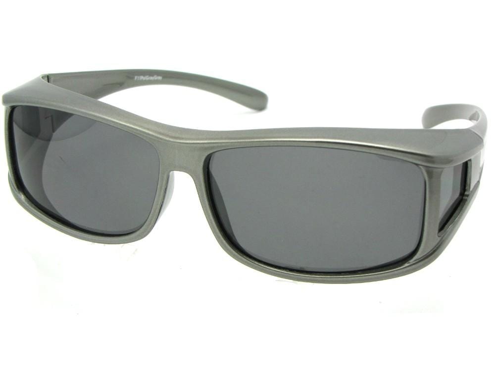 Style F11 fit over sunglasses black frame with medium dark gray lenses. 